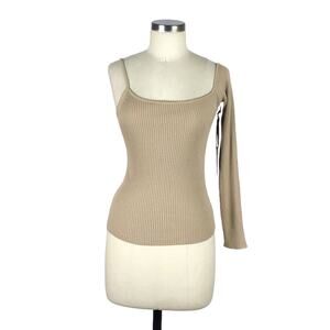H:OURS Tan Ribbed Stretch One Sleeve Top Size Medium NWT Revolve